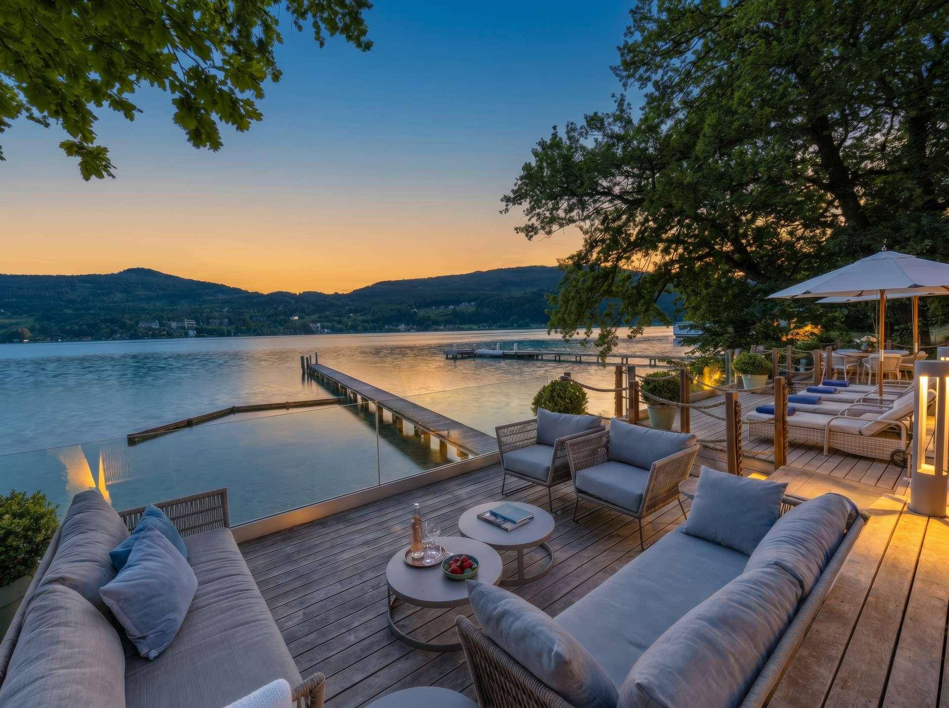 Stimmungsvolle Holzterrasse bei Sonnenuntergang mit beleuchteten Loungemöbeln und romantischem Seeblick.
