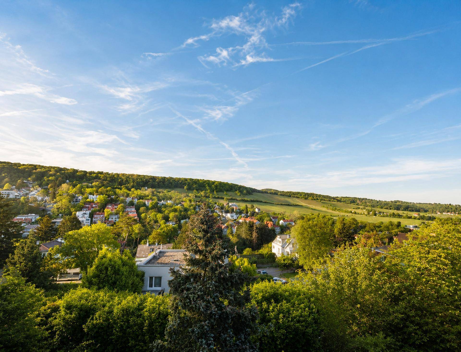 Panoramablick über eine grüne Hügellandschaft mit Weinbergen und einer Siedlung unter blauem Himmel.