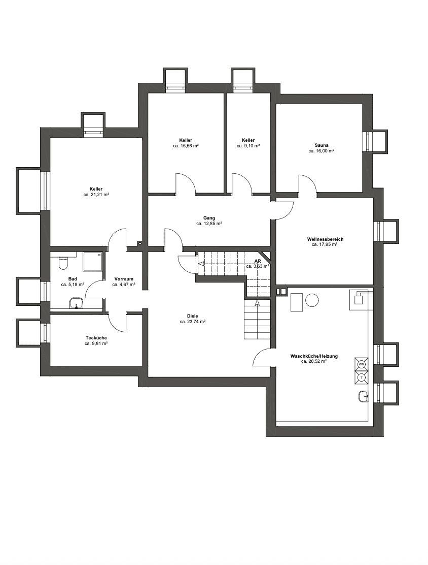 Grundriss des Untergeschosses mit Wellnessbereich, Sauna, Kellerräumen und Waschküche.