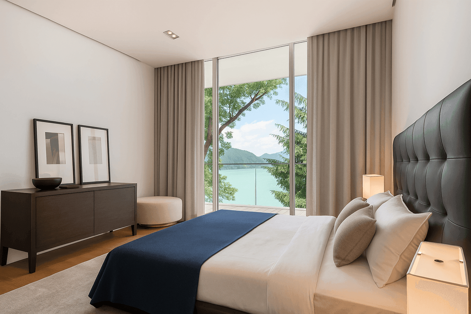 Schlafzimmer mit Seeblick, großem Bett, dunklem Kopfteil und raumhohen Fenstern.