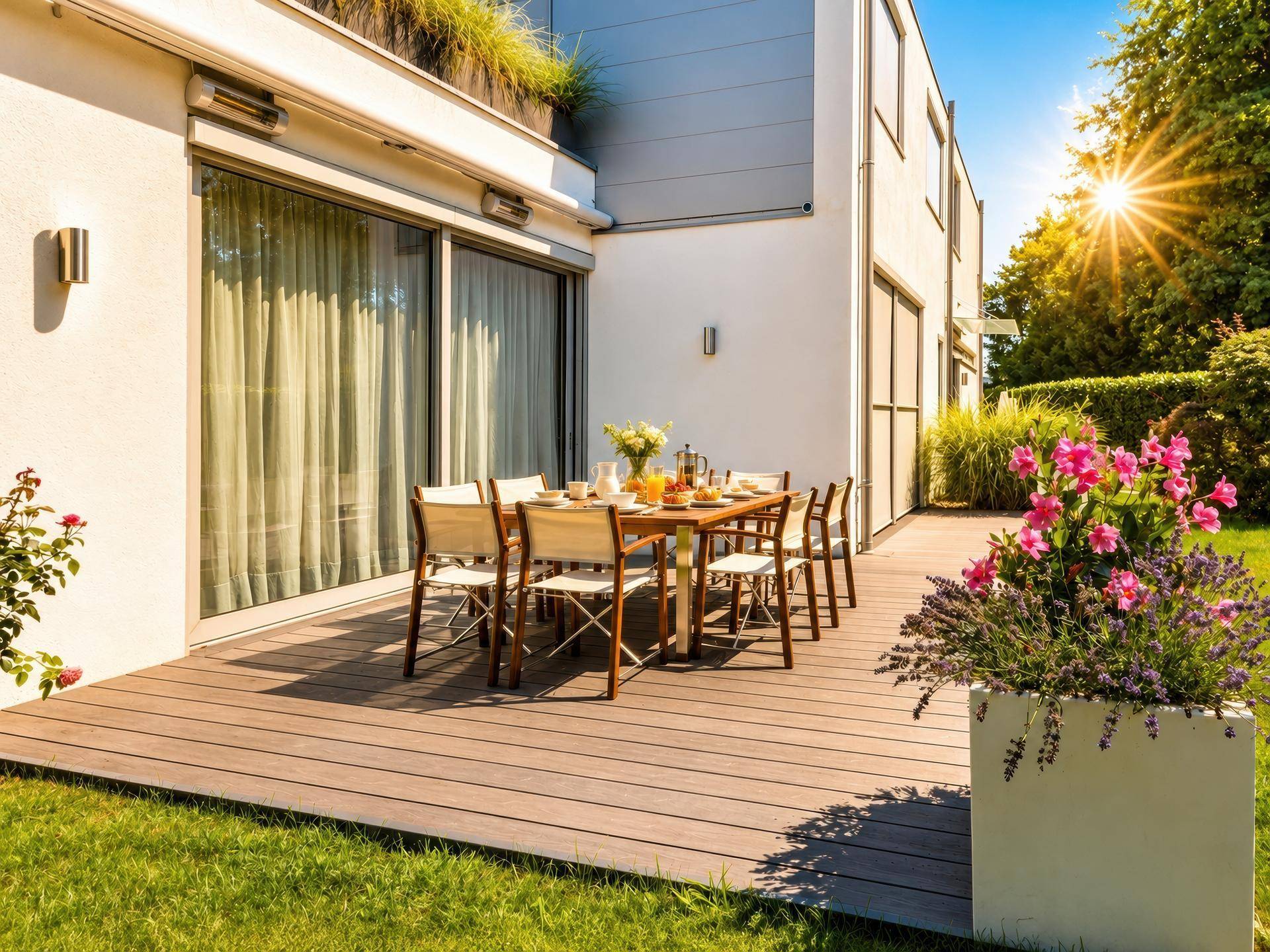 Gemütlicher Essbereich im Freien auf einer Holzterrasse, umgeben von einem gepflegten Garten.