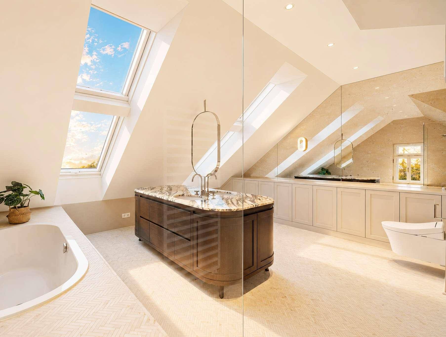 Luxuriöses Badezimmer im Dachgeschoss mit freistehendem Waschtisch, Badewanne und Dachfenstern.