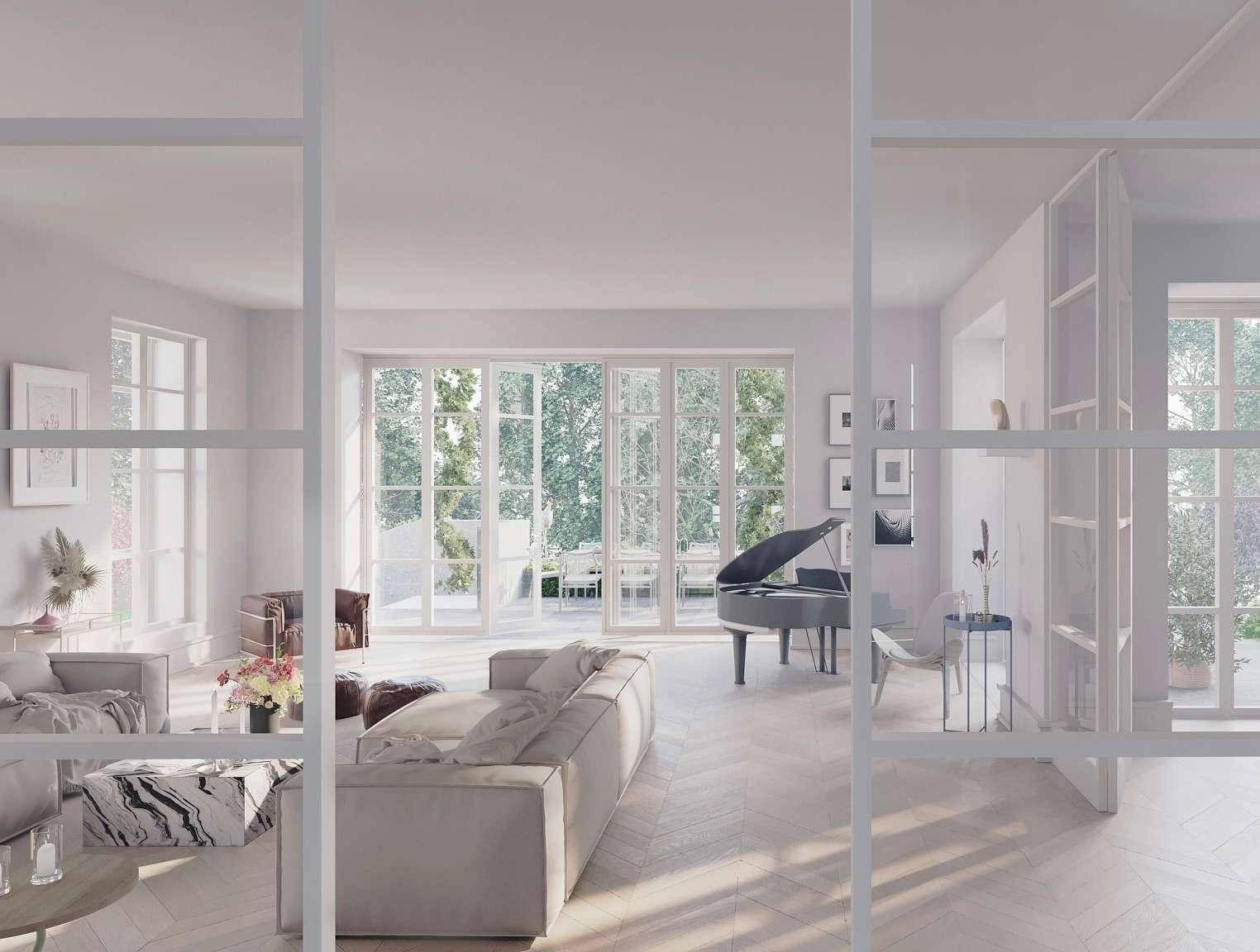 Helles, modernes Wohnzimmer mit großen Flügeltüren, die auf eine Terrasse führen, und elegantem Parkettboden.