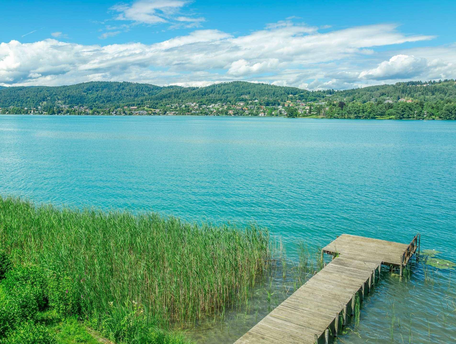 Idyllischer Blick auf einen Holzsteg im türkisfarbenen See, umgeben von Schilf und grünen Ufern.