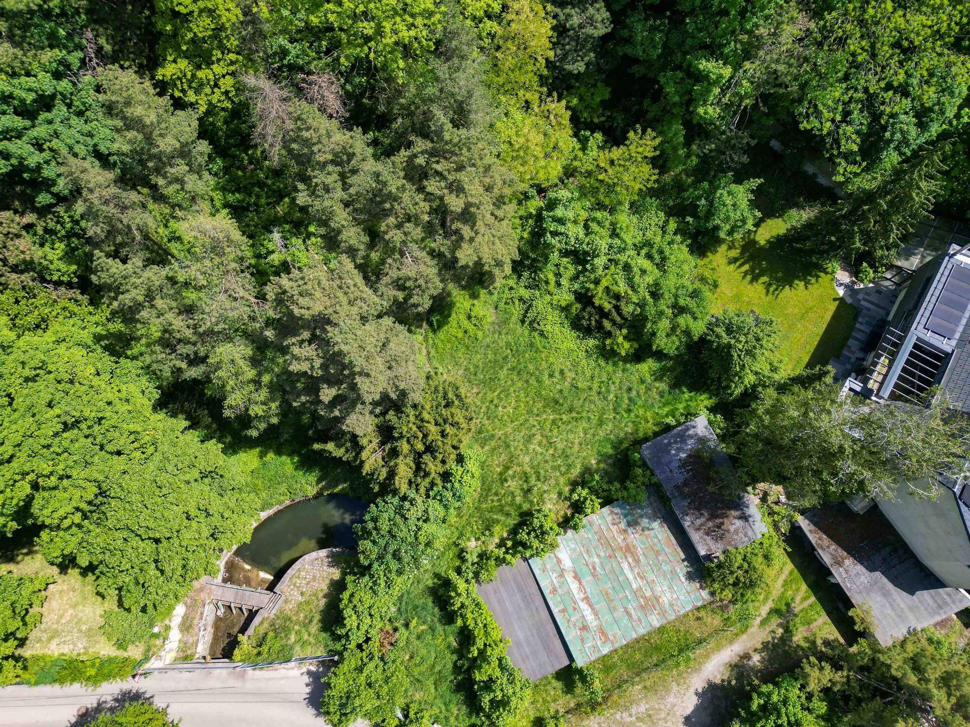 Luftaufnahme eines weitläufigen, grünen Grundstücks mit Baumbestand und Wasserlauf.
