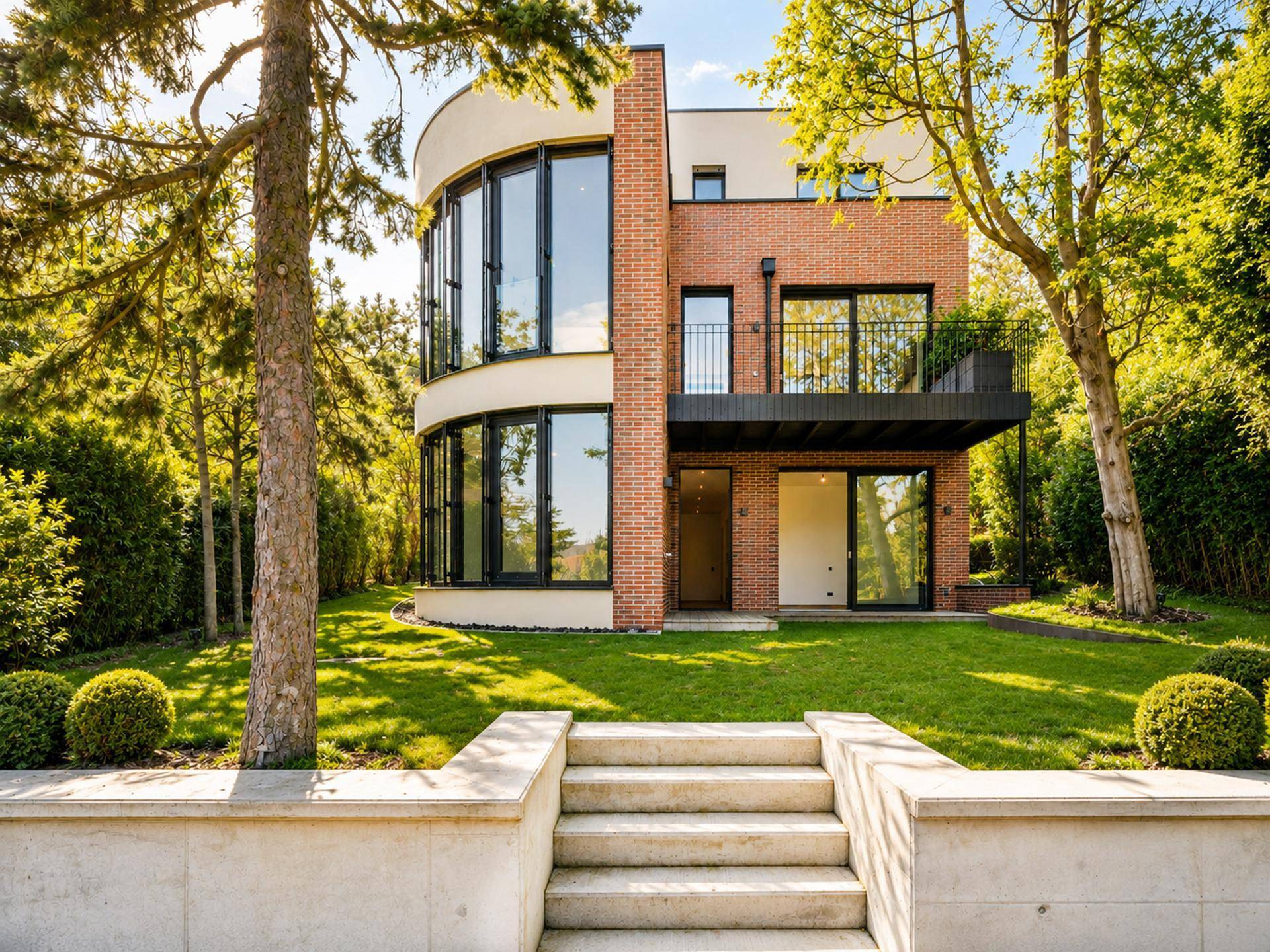 Elegante moderne Villa mit Ziegelfassade, großen Glasfronten und gepflegtem Vorgarten unter Bäumen.