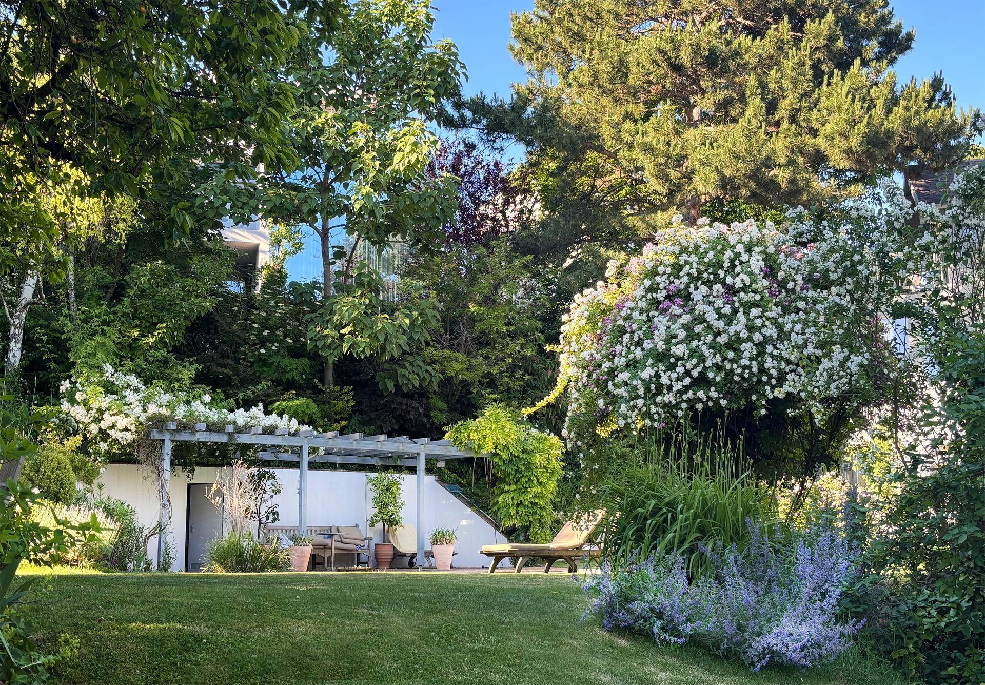 Gemütlicher Sitzbereich unter einer Pergola im blühenden Garten mit Rasenfläche und Blumenbeeten.