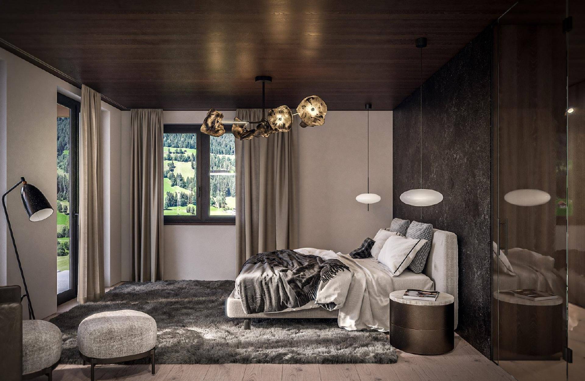 Modernes Schlafzimmer mit Bergblick, dunkler Holzdecke und weichem Teppichboden.