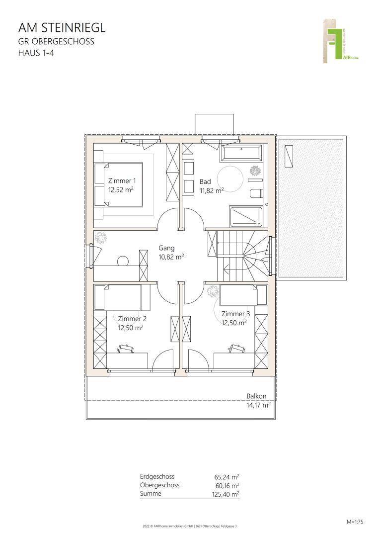 Grundriss des Obergeschosses mit drei Schlafzimmern, Badezimmer und Balkonzugang.