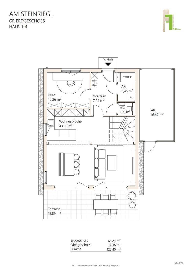 Grundriss des Erdgeschosses mit offener Wohnküche, Büro und Zugang zur Terrasse.