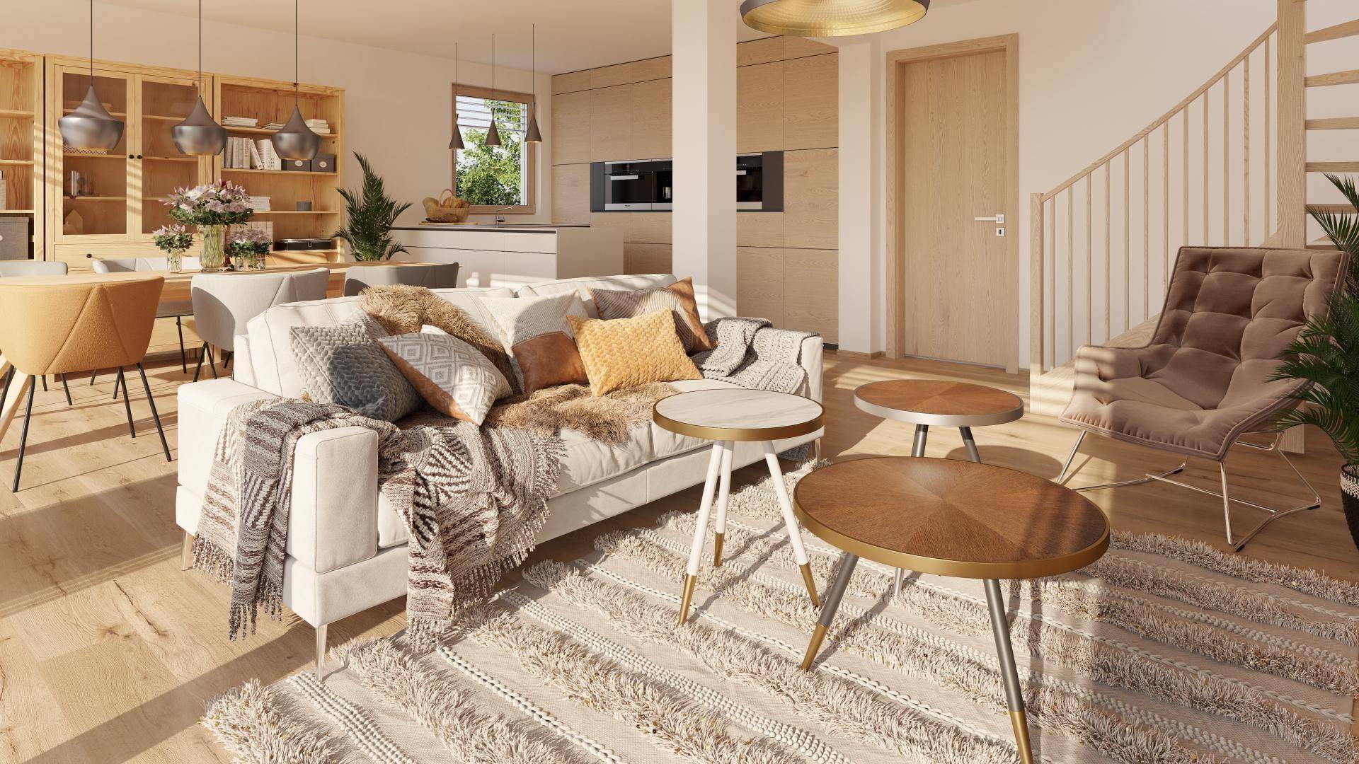 Offener Wohnbereich mit gemütlichem Sofa, Holzboden und integrierter Küche im Hintergrund.