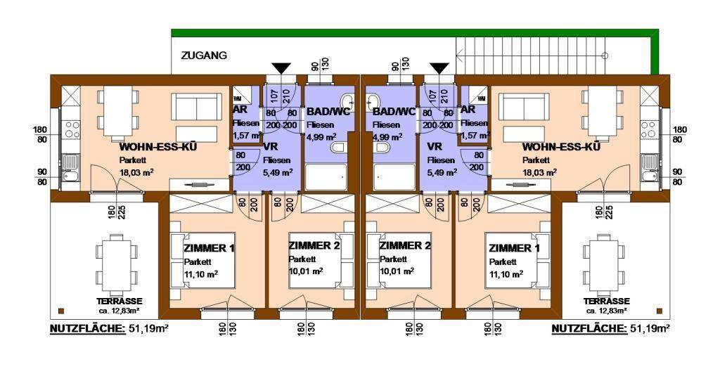 Grundrissplan einer Wohneinheit mit offenem Wohn-Essbereich, zwei Zimmern und Terrasse.