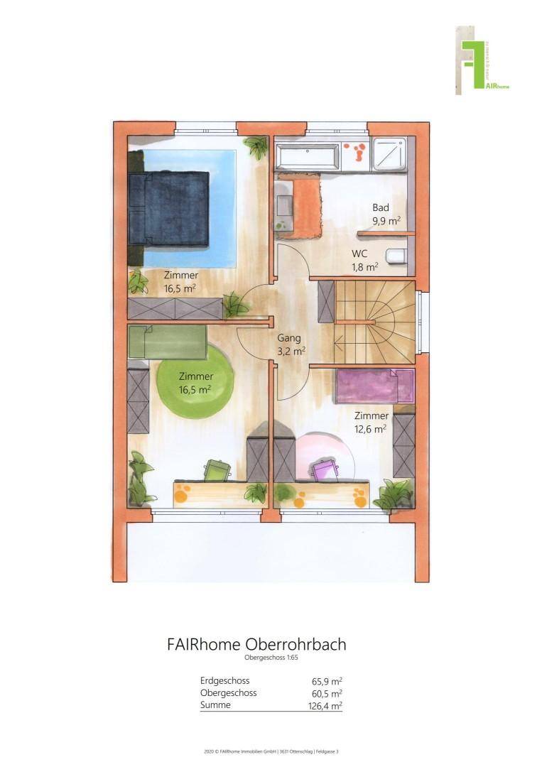 Grundriss des Obergeschosses mit drei Schlafzimmern, Bad und separatem WC.