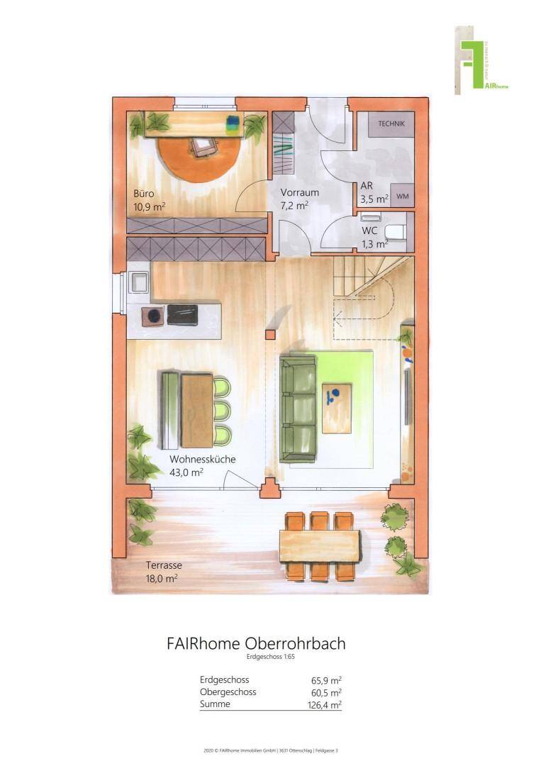 Detaillierter Grundriss des Erdgeschosses mit offener Wohnküche, Büro und Terrasse.