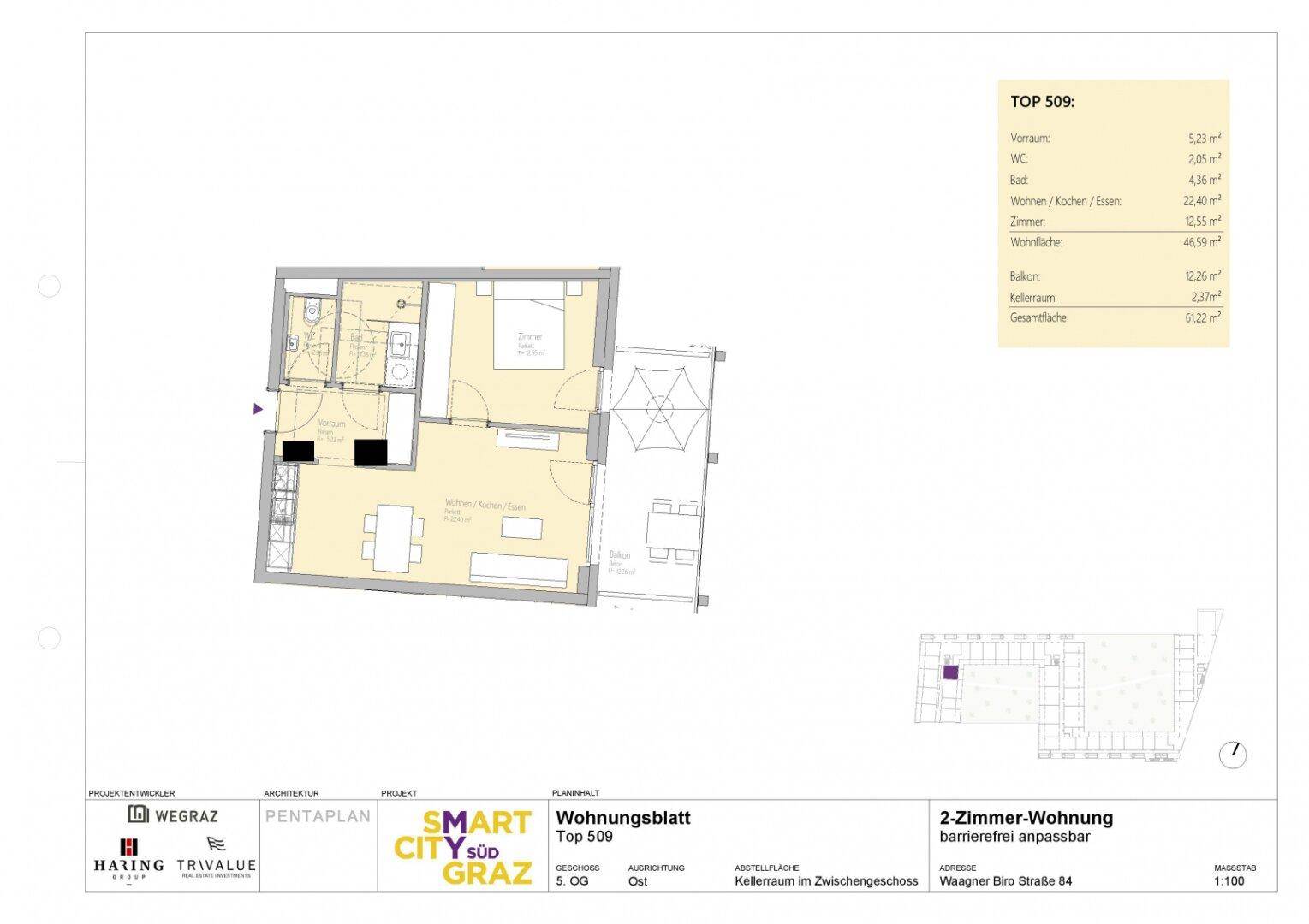Grundriss einer 2-Zimmer-Wohnung mit offenem Wohnbereich und Balkon.