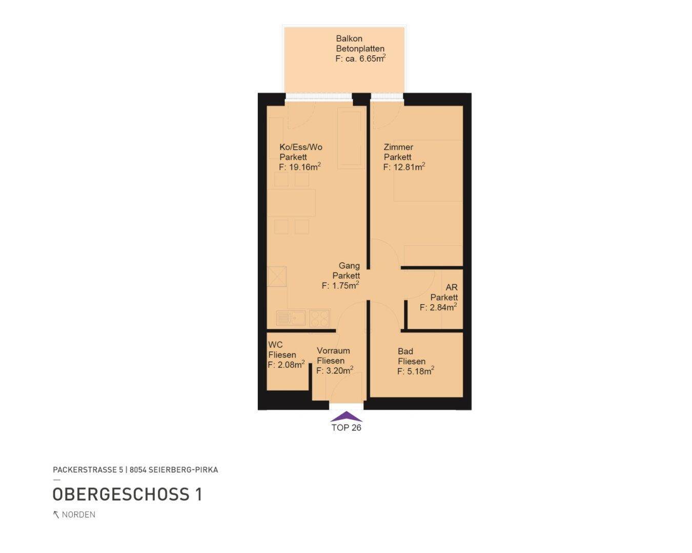Grundrissplan einer Wohnung im Obergeschoss mit Balkon, offenem Wohnbereich und separatem WC.