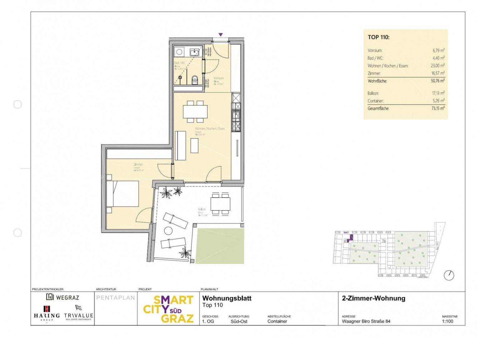 Grundriss einer 2-Zimmer-Wohnung mit offenem Wohnbereich, Schlafzimmer, Bad und großer Terrasse mit Gartenanteil.