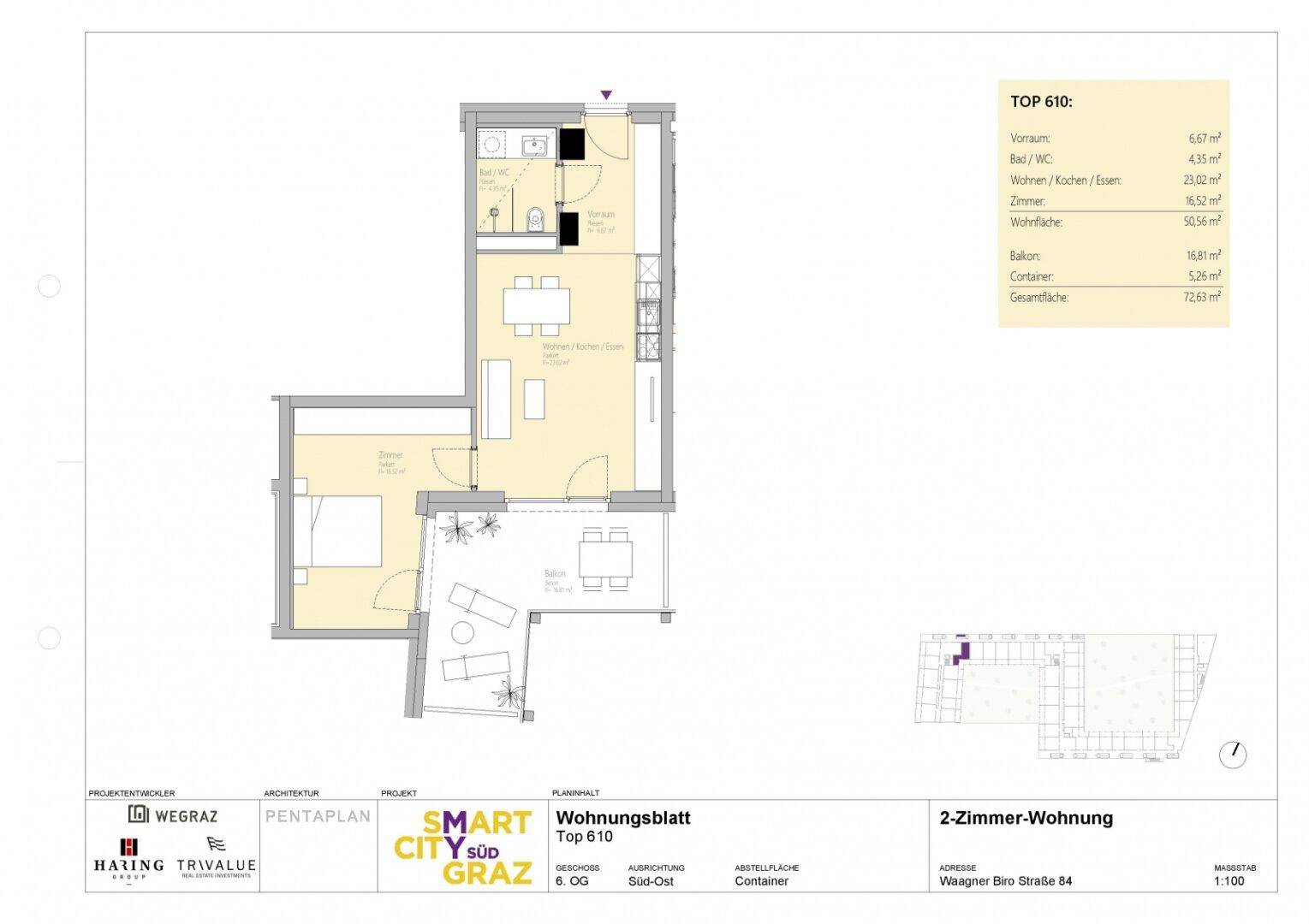 Grundriss der 2-Zimmer-Wohnung TOP 610 mit offenem Wohnbereich und Balkon.