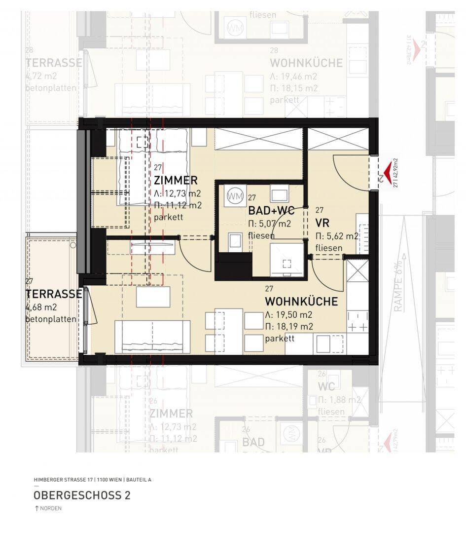 Grundriss des Obergeschosses mit Wohnküche, Zimmern, Bad und zwei Terrassen.