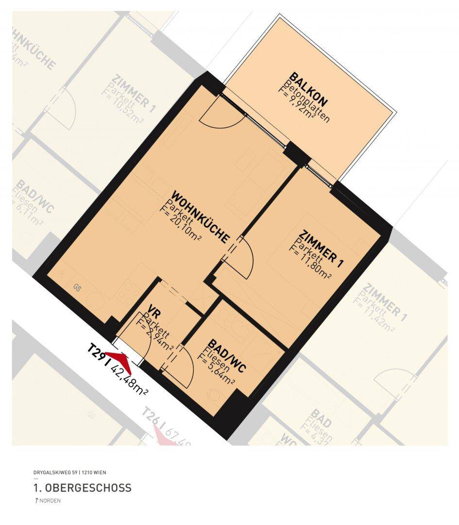 Grundriss einer Wohnung im ersten Obergeschoss mit Wohnküche, Schlafzimmer und Balkon.