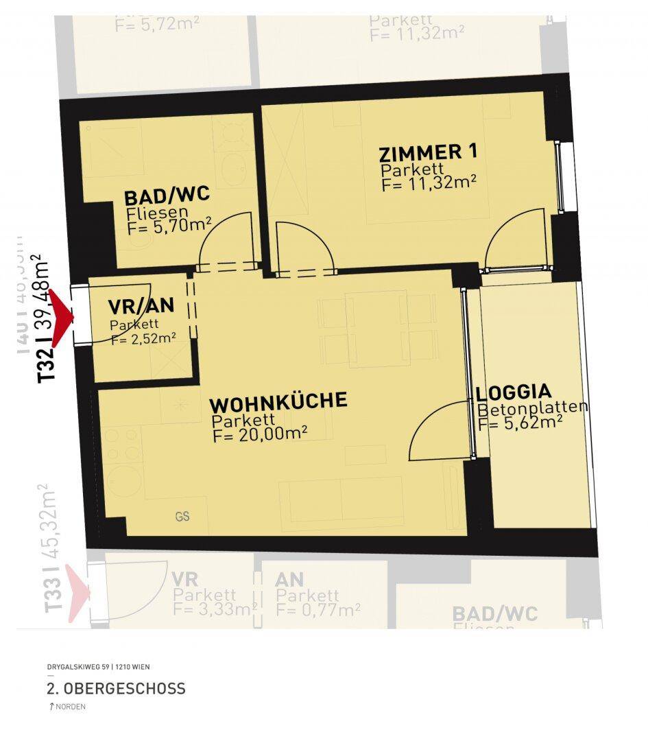Grundriss einer Wohnung mit Wohnküche, Zimmer und Loggia, inklusive Flächenangaben.