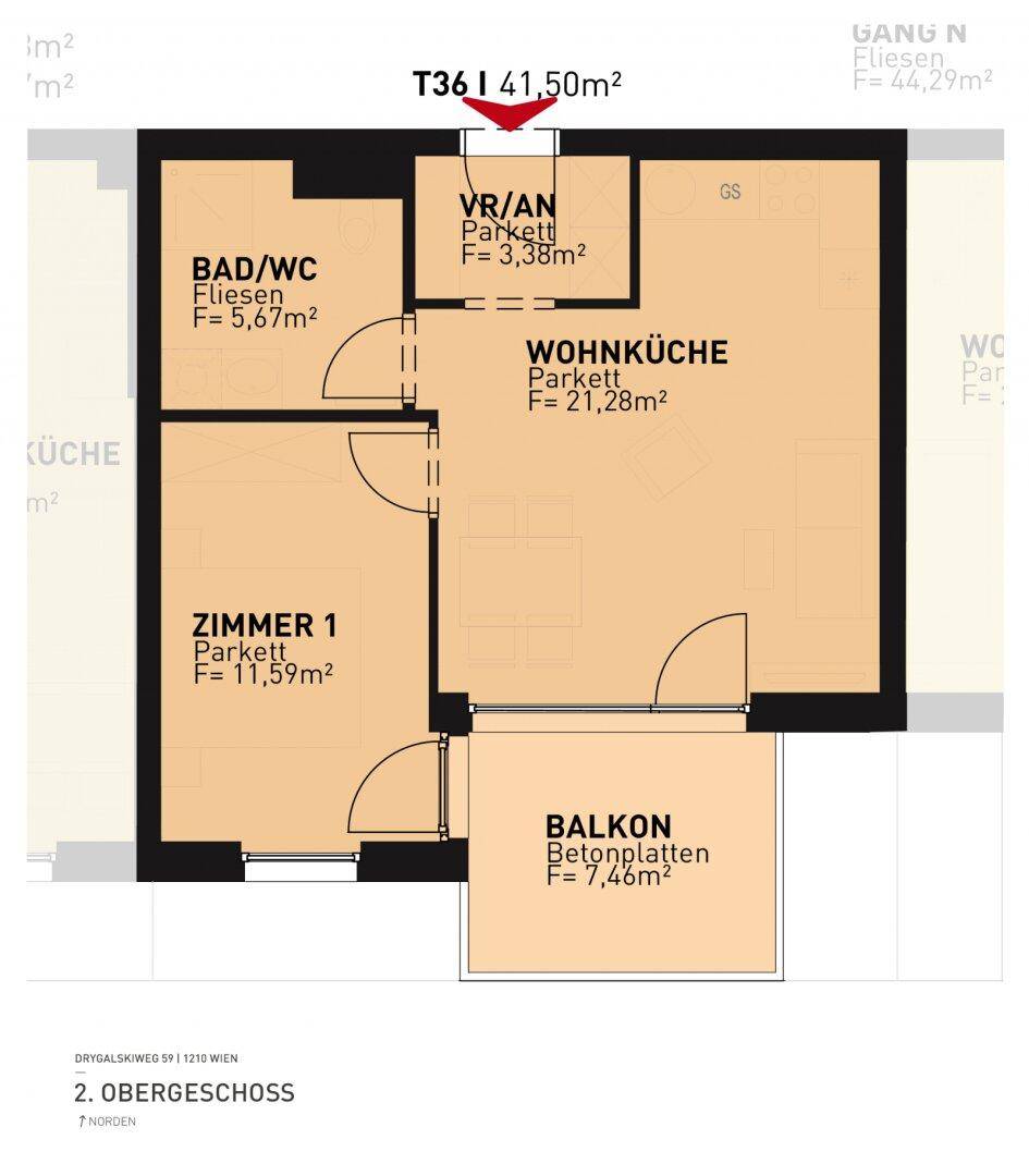 Grundriss einer Wohnung im 2. Obergeschoss mit Wohnküche, einem Zimmer, Bad und Balkon.