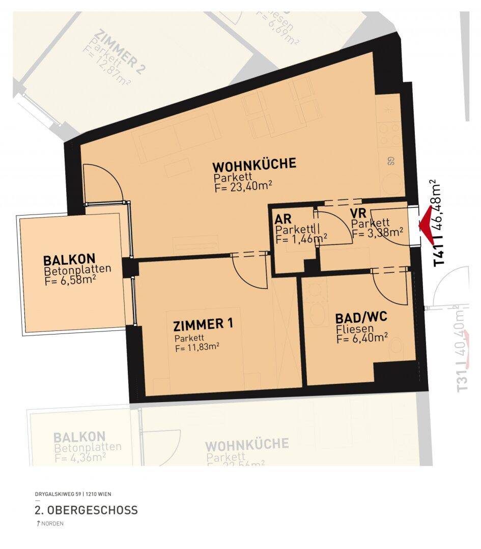 Grundriss einer Wohnung im 2. Obergeschoss mit Wohnküche, zwei Zimmern und Balkon.