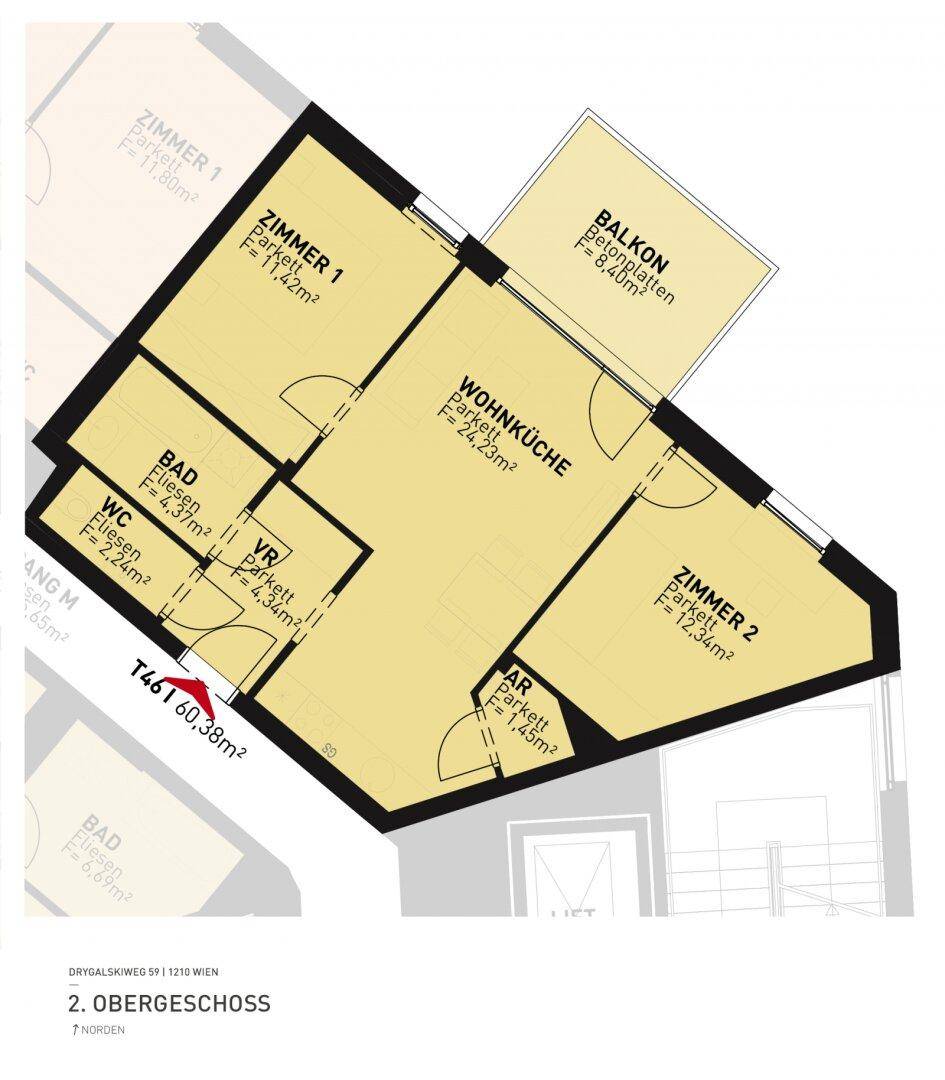 Grundriss einer Wohnung mit zwei Zimmern, Wohnküche und Balkon im 2. Obergeschoss.