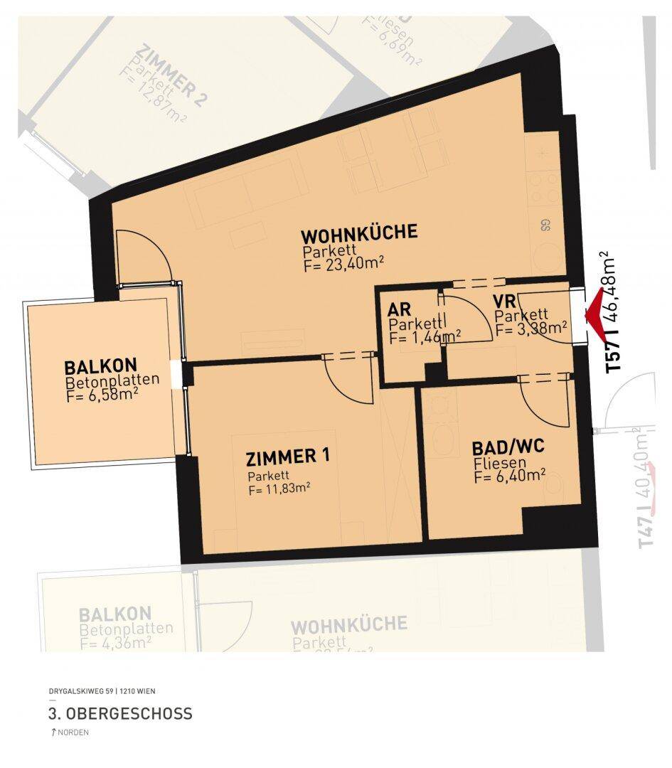 Grundriss einer Wohnung im 3. Obergeschoss mit Wohnküche, zwei Zimmern und Balkon.