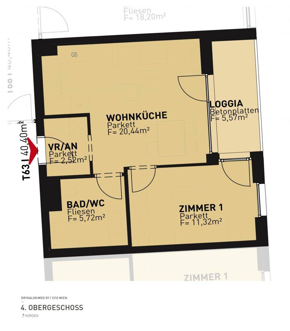 Grundriss einer Wohnung mit Wohnküche, Bad, einem Zimmer und einer Loggia.