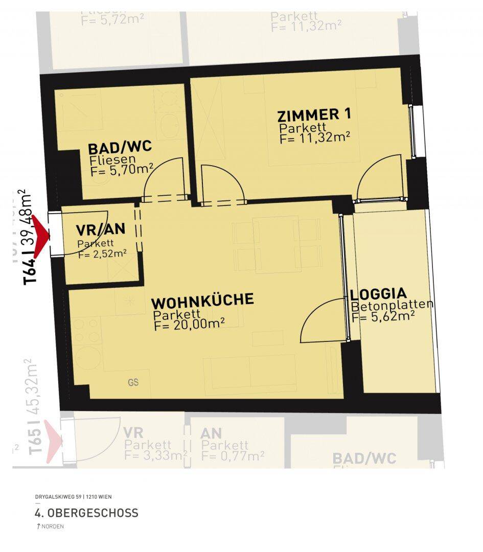 Grundriss einer Wohnung im Obergeschoss mit Wohnküche, Schlafzimmer und Loggia.