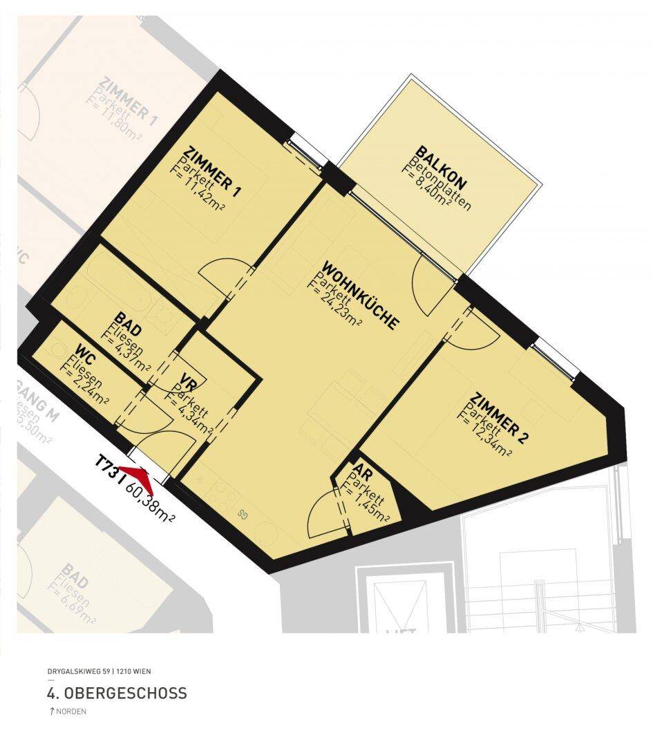Grundriss einer Wohnung im 4. Obergeschoss mit Wohnküche, zwei Zimmern, Bad, WC und Balkon.