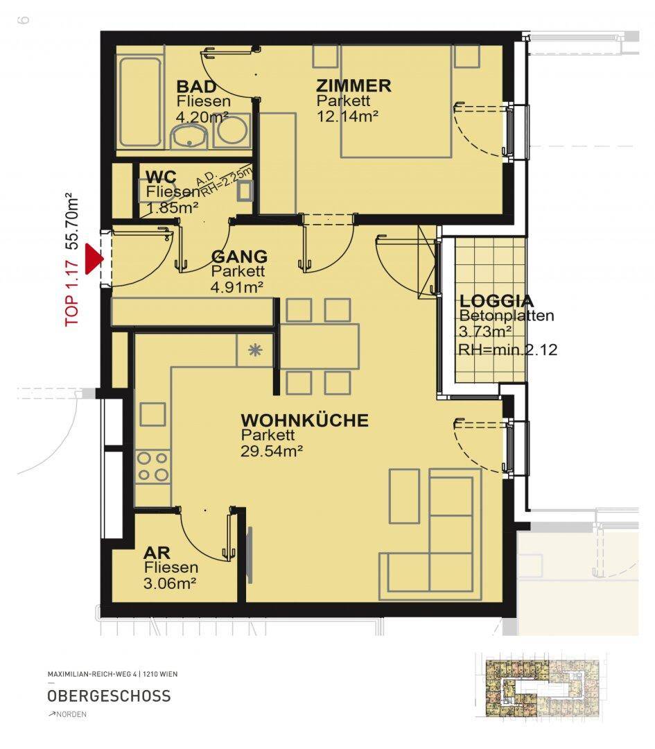 Grundriss einer Wohnung mit offener Wohnküche, einem Schlafzimmer, Bad, separatem WC und einer Loggia.