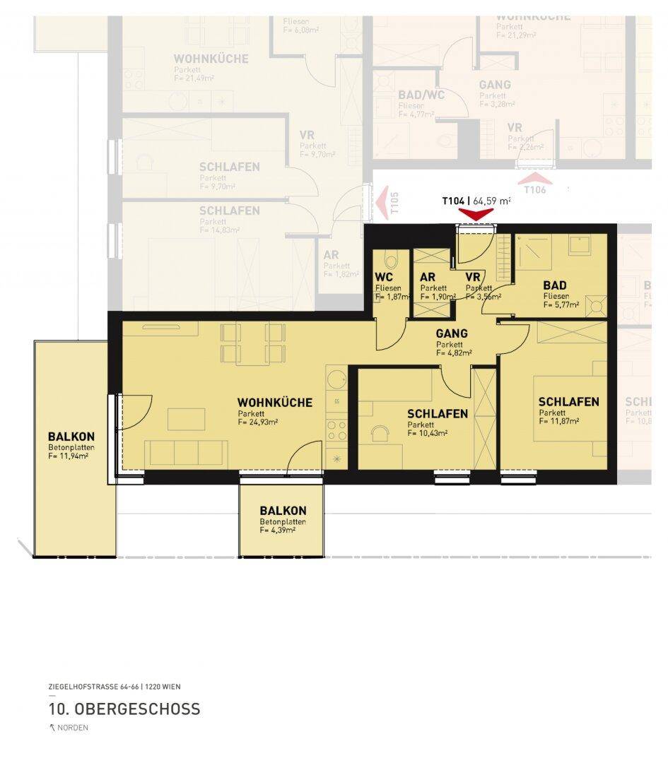 Grundriss einer Wohnung mit offener Wohnküche, zwei Schlafzimmern, Bad, WC und zwei Balkonen.