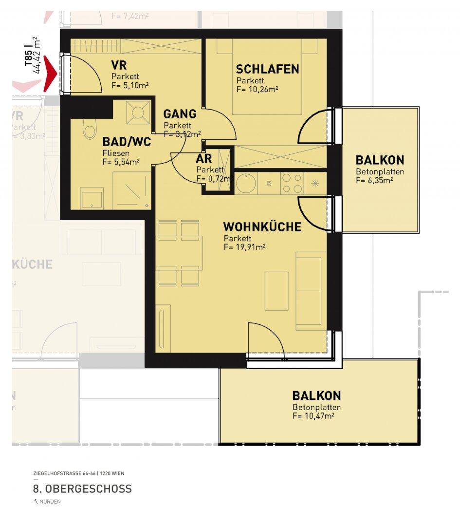 Detaillierter Grundriss einer Wohnung mit zwei Balkonen, Schlafzimmer und offener Wohnküche.