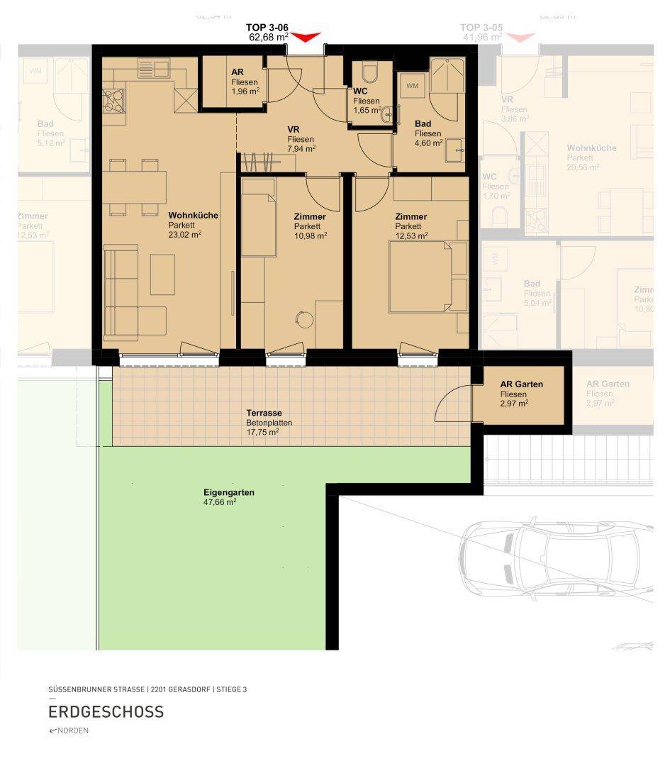 Grundriss einer Erdgeschosswohnung mit Wohnküche, zwei Zimmern, Terrasse und eigenem Garten.