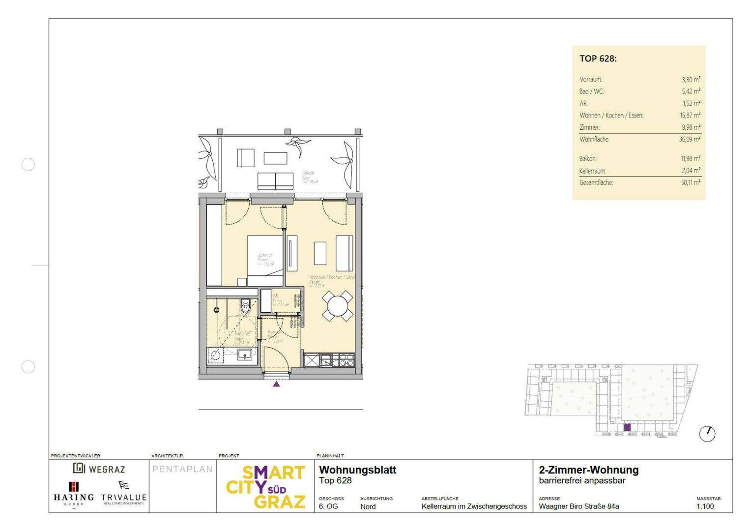 Grundriss einer barrierefreien 2-Zimmer-Wohnung mit offenem Wohnbereich, Schlafzimmer und Balkon.