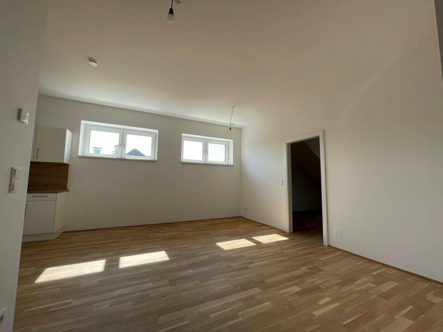 Offener Wohnbereich mit Holzboden, viel Tageslicht und einer kleinen integrierten Küchenzeile.