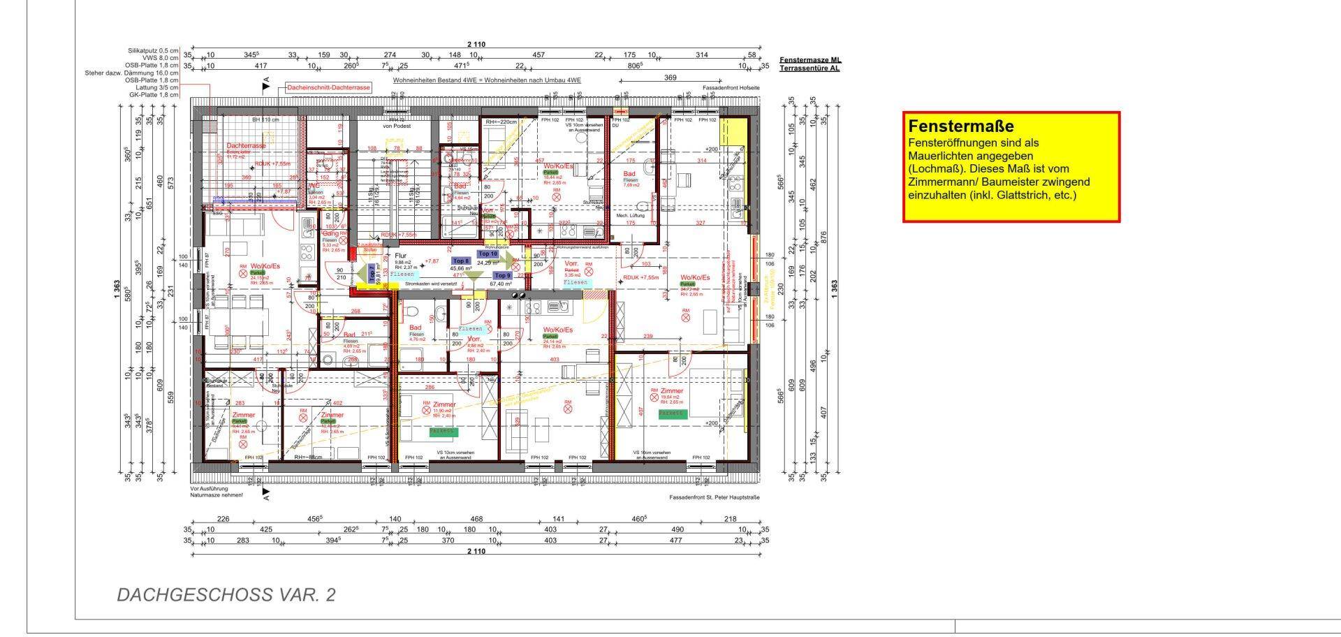 Detaillierter Grundriss einer Dachgeschosswohnung mit mehreren Zimmern und Fenstermaßen.