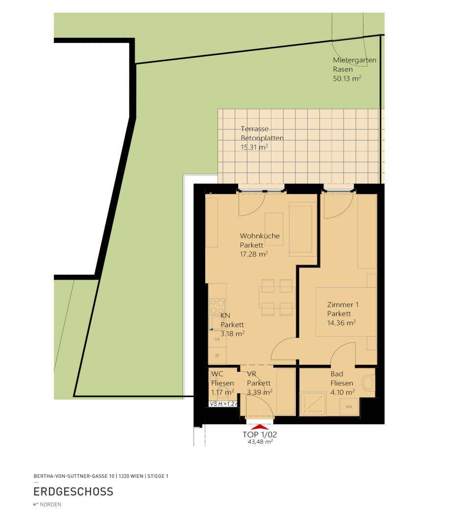 Grundriss einer Erdgeschosswohnung mit Wohnküche, Zimmer, Bad, WC, Terrasse und Mietergarten.