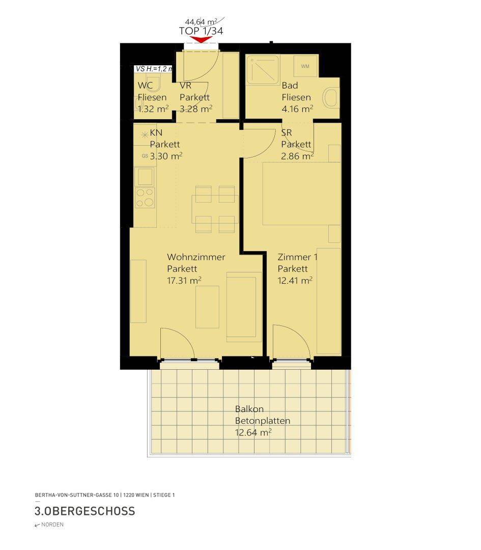 Detaillierter Grundriss einer Wohnung mit Wohnzimmer, Schlafzimmer, Bad und Balkon.