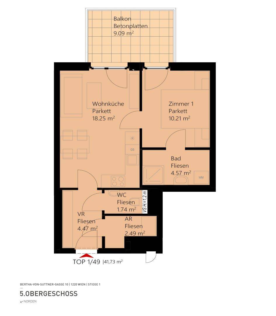 Grundriss einer Wohnung im 5. Obergeschoss mit Wohnküche, Zimmer und Balkon.