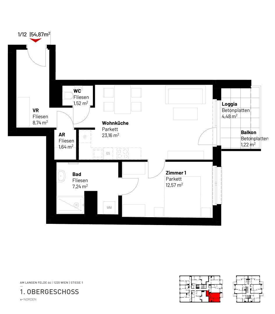 Detaillierter Grundriss einer Wohnung mit Wohnküche, Bad, WC, Zimmer und Loggia.