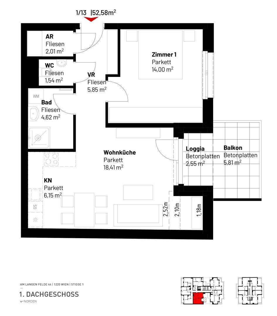 Grundriss des Dachgeschosses mit Wohnküche, Schlafzimmer, Bad und Balkon.