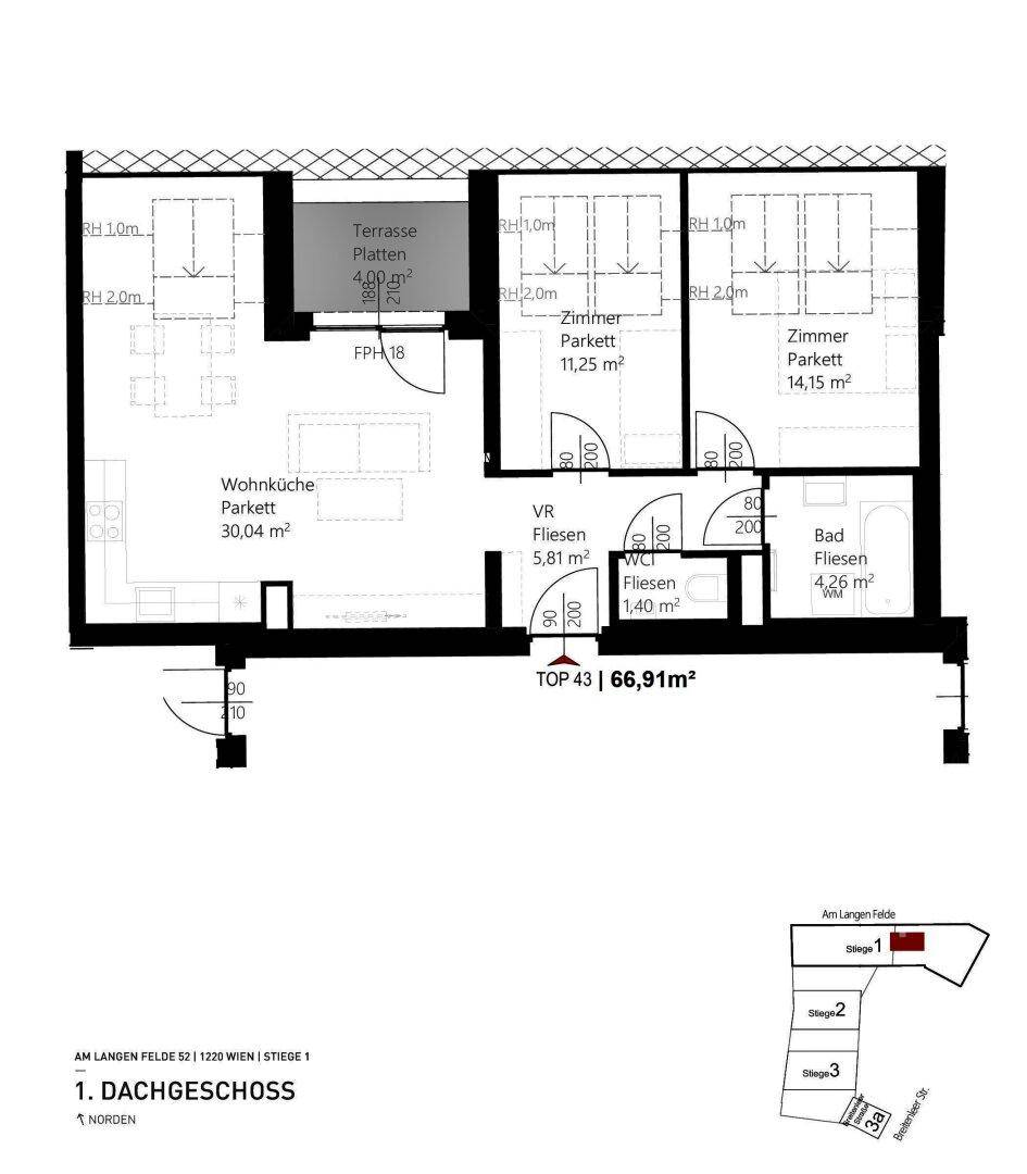 Grundriss der Wohnung Top 43 mit 66,91 m² im Dachgeschoss, inklusive Terrasse.