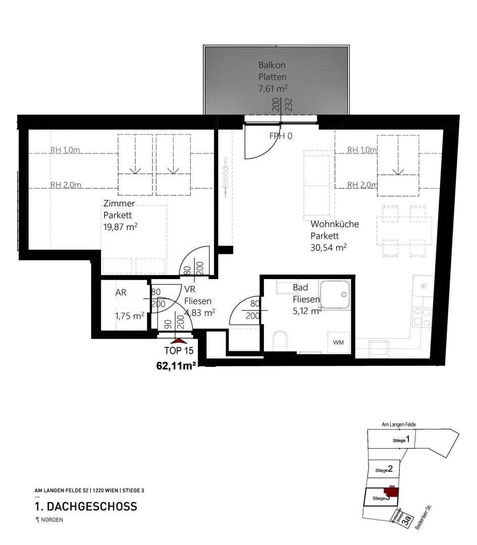 Grundriss der Dachgeschosswohnung Top 15 mit Balkon und 62,11 m² Wohnfläche.