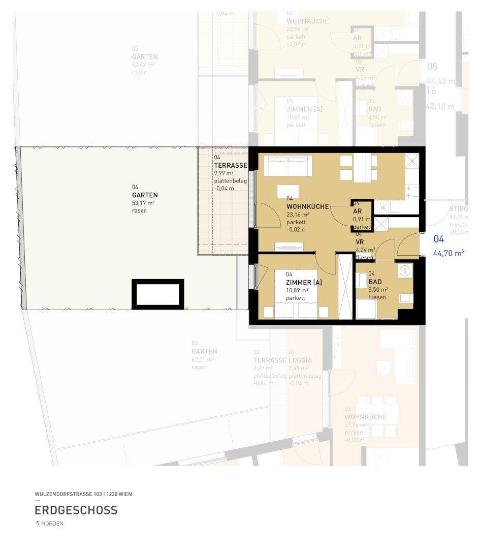 Grundriss einer Erdgeschosswohnung mit offener Wohnküche, Schlafzimmer, Bad, Abstellraum, Terrasse und Garten.
