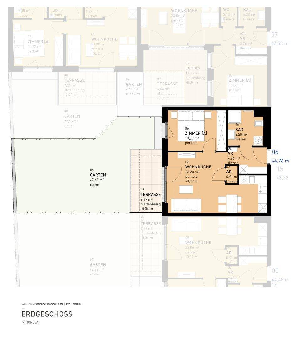 Grundriss einer Erdgeschosswohnung mit Garten, Terrasse, offener Wohnküche und einem Schlafzimmer.