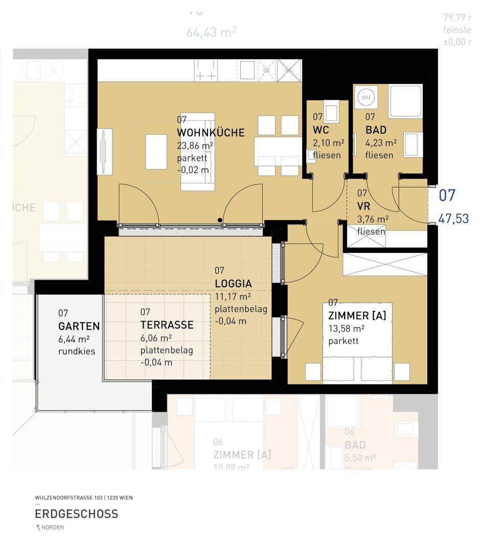 Grundriss des Erdgeschosses mit offener Wohnküche, Bad, WC, Zimmer und Zugang zu Loggia, Terrasse und Garten.