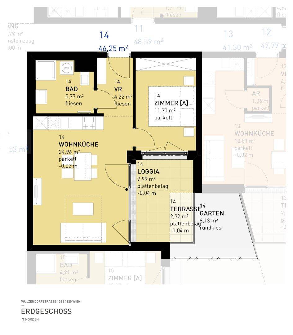Grundriss einer Erdgeschosswohnung mit offener Wohnküche, einem Schlafzimmer, Bad, Loggia, Terrasse und Garten.